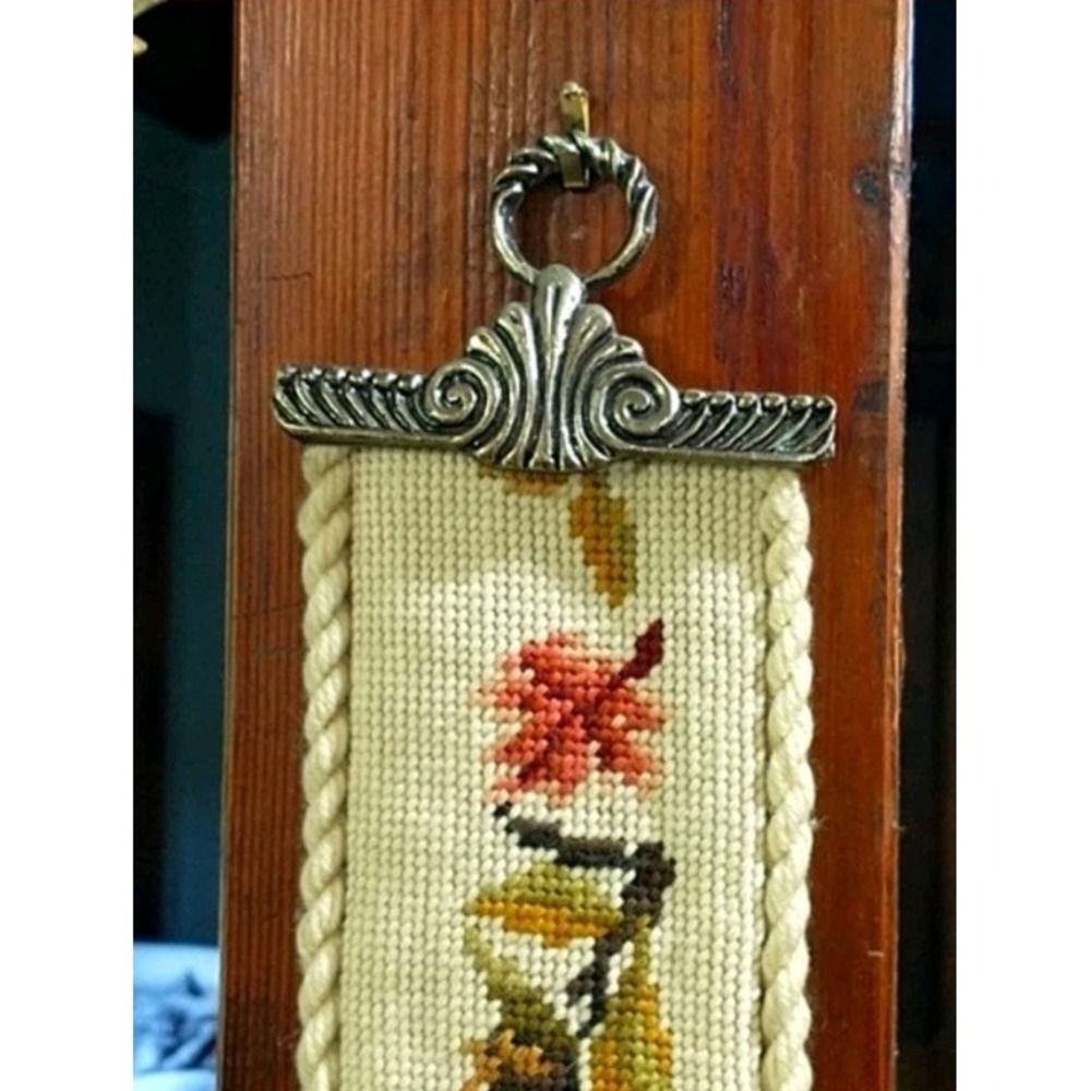 Vintage Needlepoint Bell Pull With Brass Hardware Leaf Motive